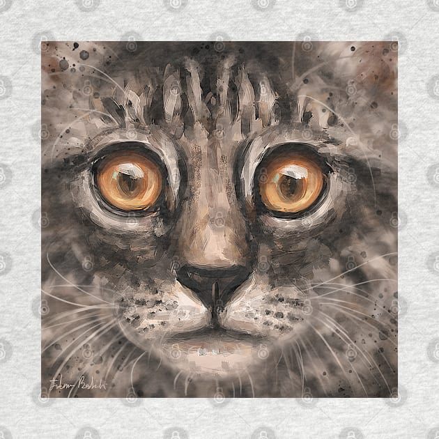 Close Up Painting of a Gray Kitten Face with It's Big Orange Eyes by ibadishi